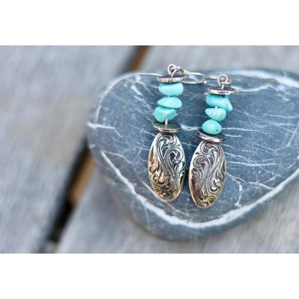 Vogt Sterling Silver Turquoise Oval Drop Earrings | Engraved Western Dangle